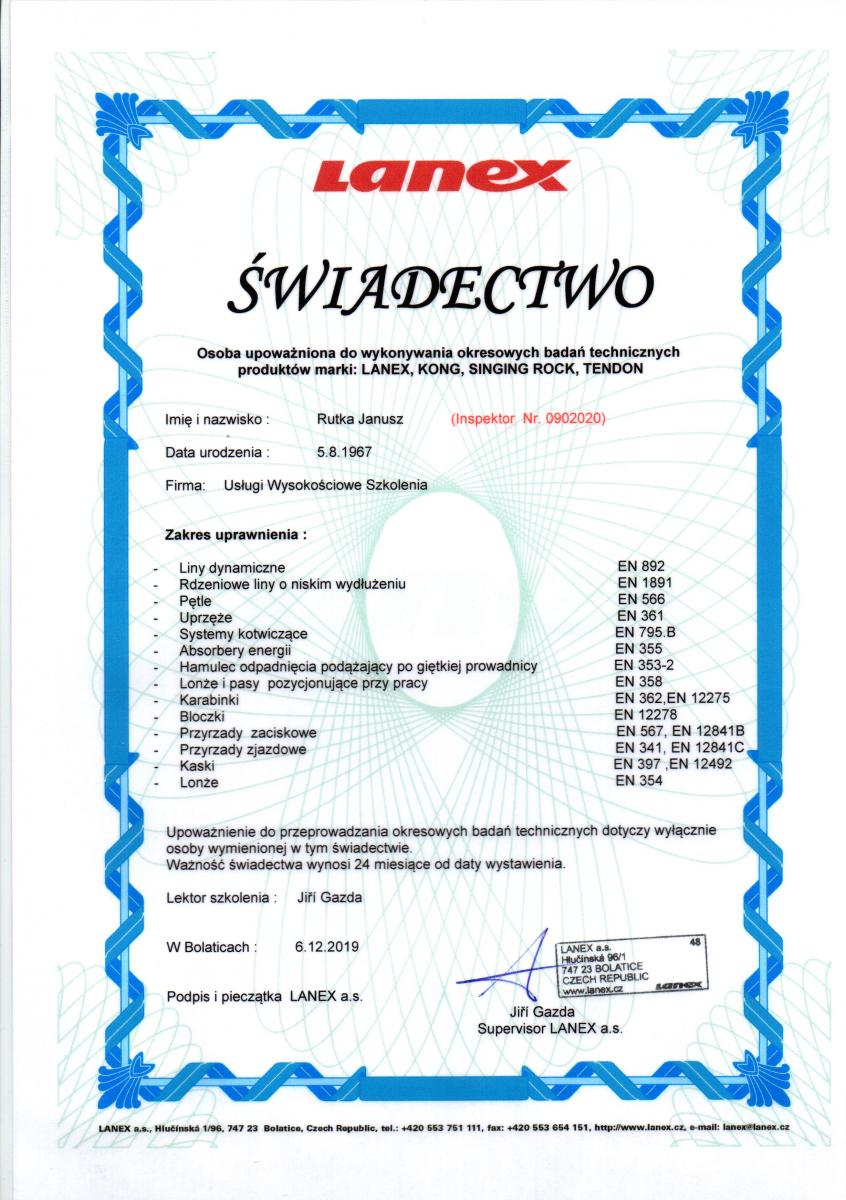 Przedłużenie uprawnień w zakresie kontroli sprzętu SOI firm: LANEX, KONG, SINGINGING ROCK, TENDON