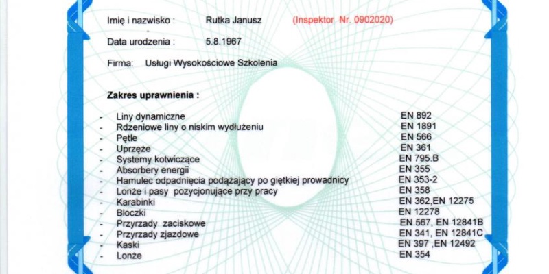 Przedłużenie uprawnień w zakresie kontroli sprzętu SOI firm: LANEX, KONG, SINGINGING ROCK, TENDON