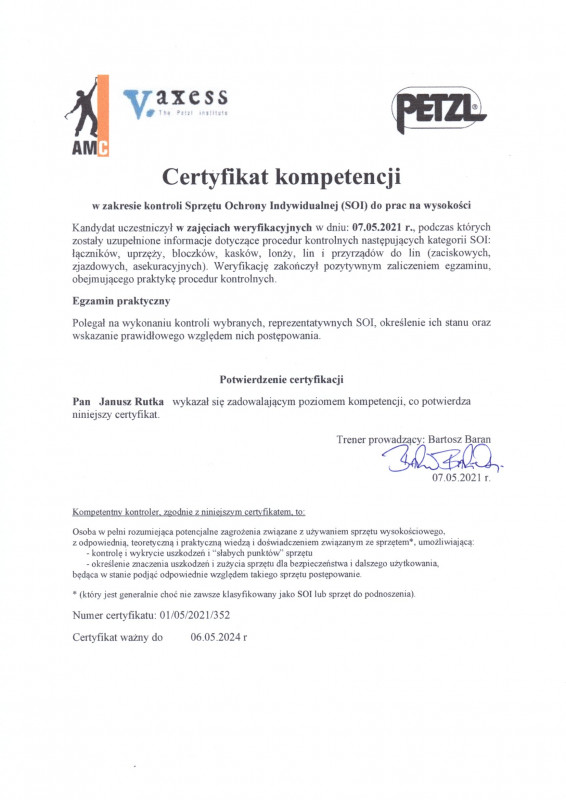 Przedłużenie uprawnień kompetencji w zakresie kontroli sprzętu Soi firmy Petzl